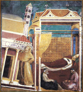 Явление во сне Иннокентию III Святого Франциска, поддерживающего церковь. Цикл фресок житие Святого Франциска в Верхней церкви Сан-Франческо, Ассизи. Джотто / www.art-giotto.ru